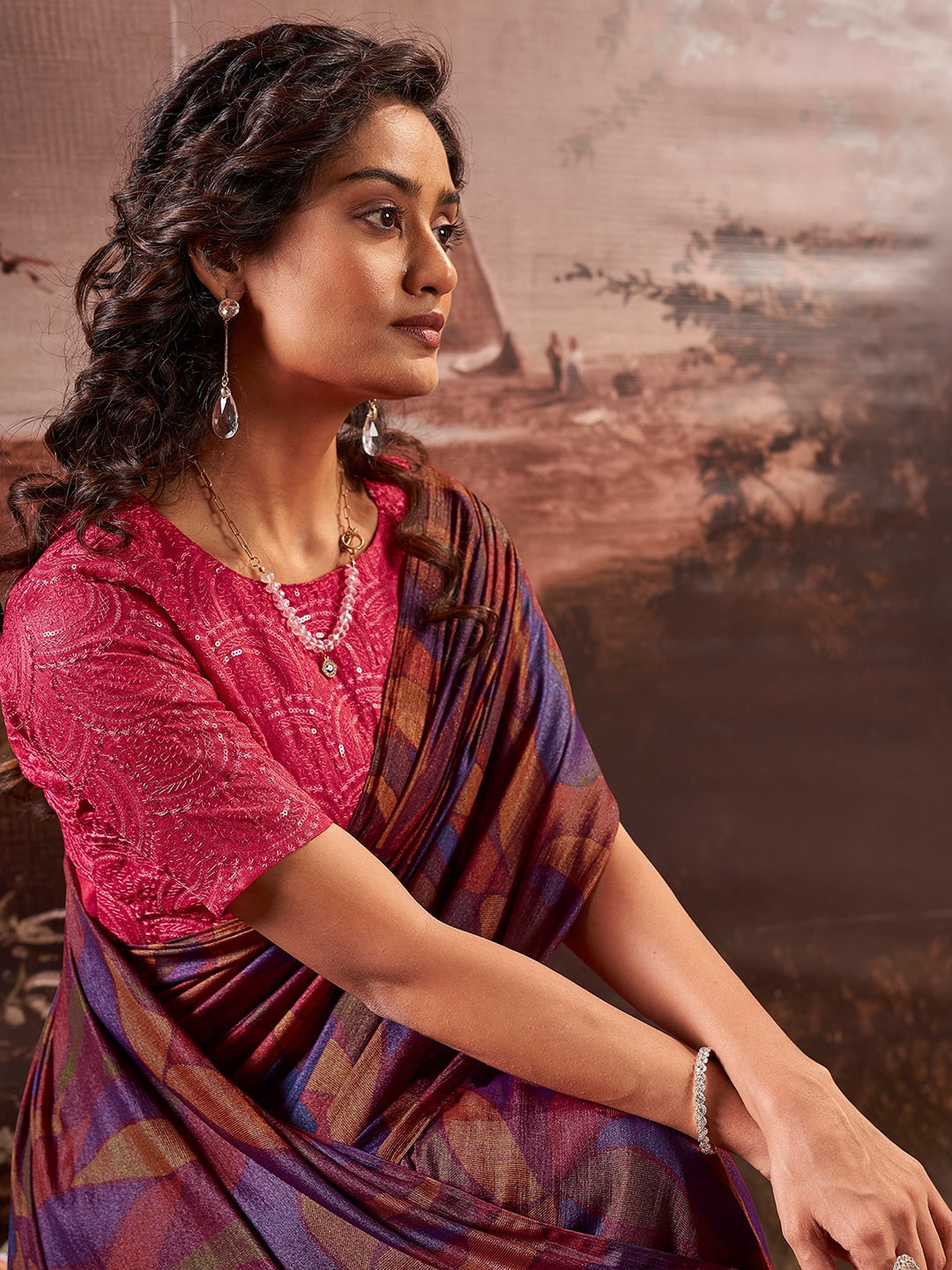 Cosmic Purple Printed Chiffon Saree With Embroidery Blouse