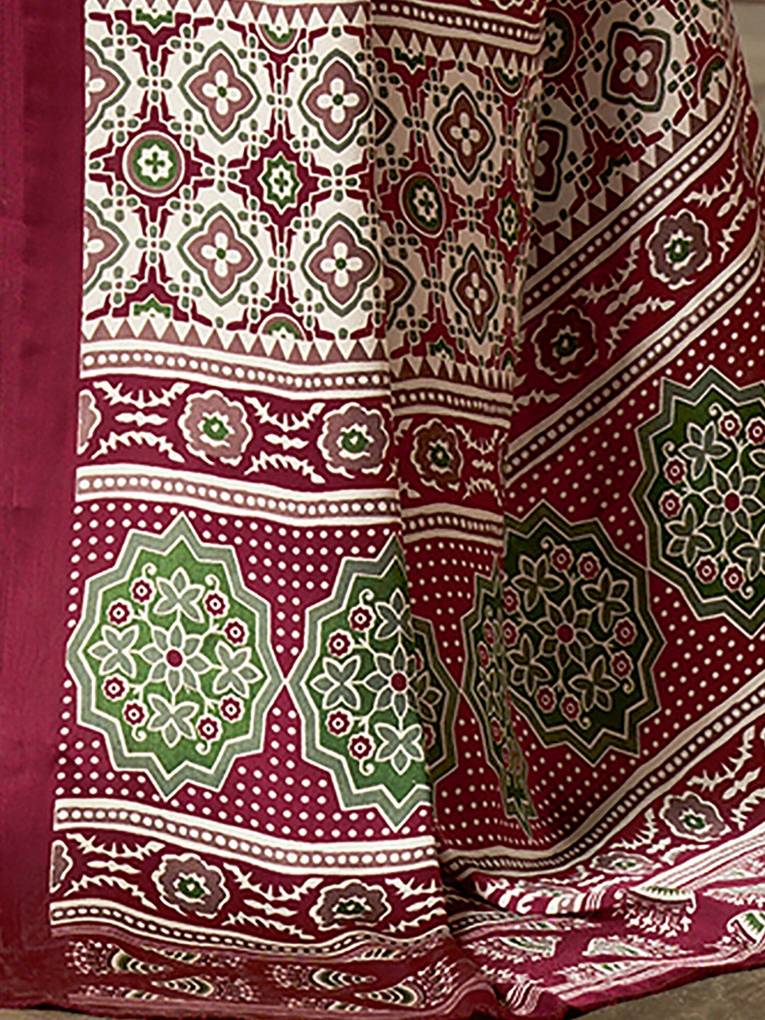 Claret Maroon Digital Printed Ajrakh Satin Crepe Saree