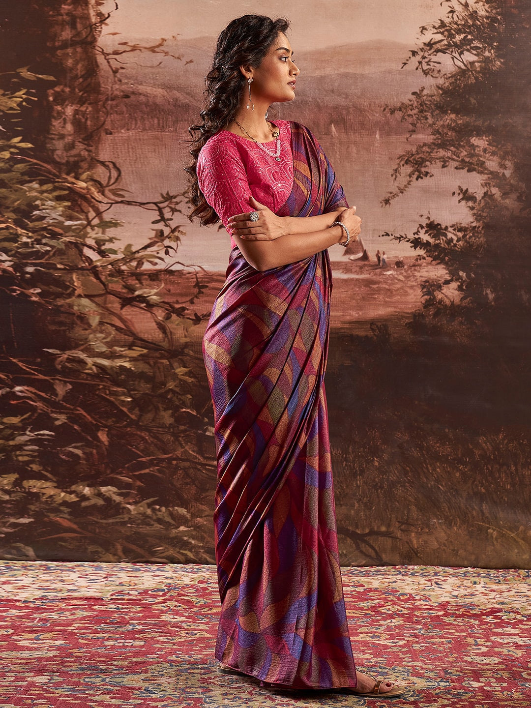 Cosmic Purple Printed Chiffon Saree With Embroidery Blouse