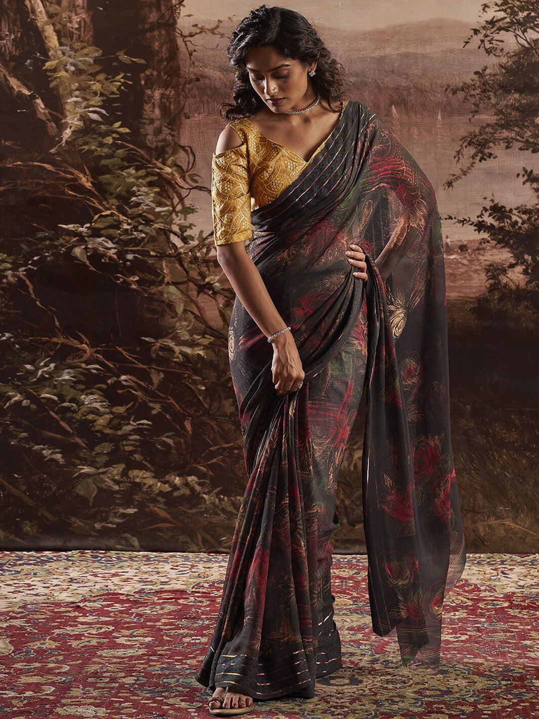 Cocoa Brown Georgette Chiffon Saree With Embroidery Blouse