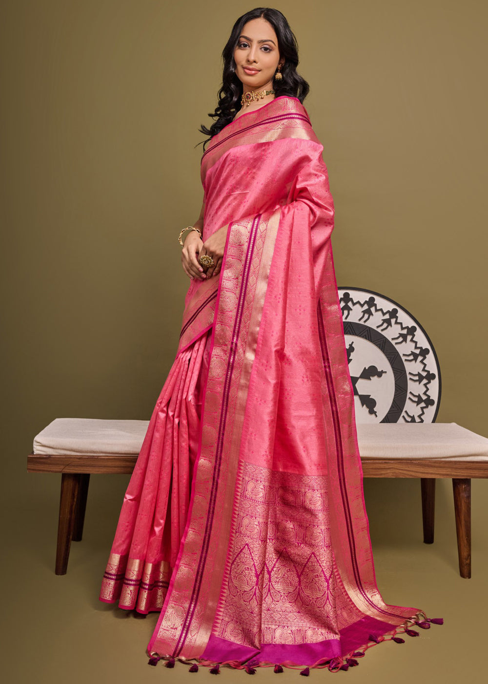 Wild Watermelon Pink Woven Banarasi Soft Silk Saree