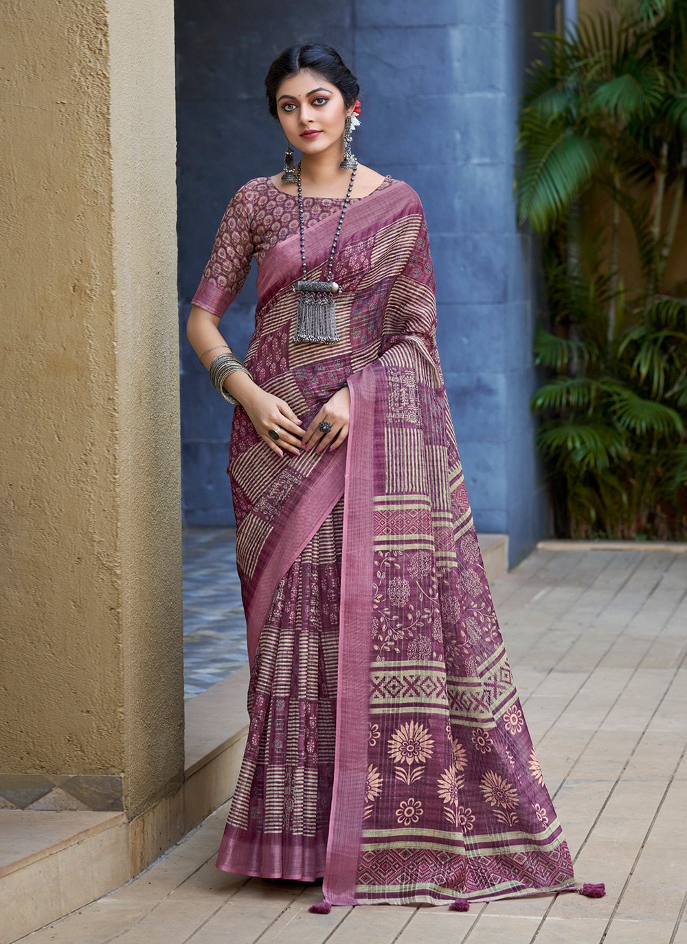 Twilight Lavender Digital Printed Linen Saree