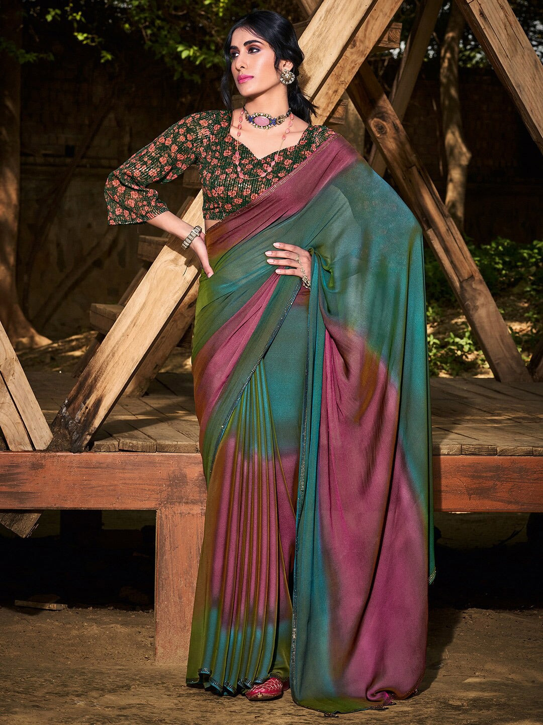 Cutty Sark Green and Purple Chiffon Saree With Printed Blouse