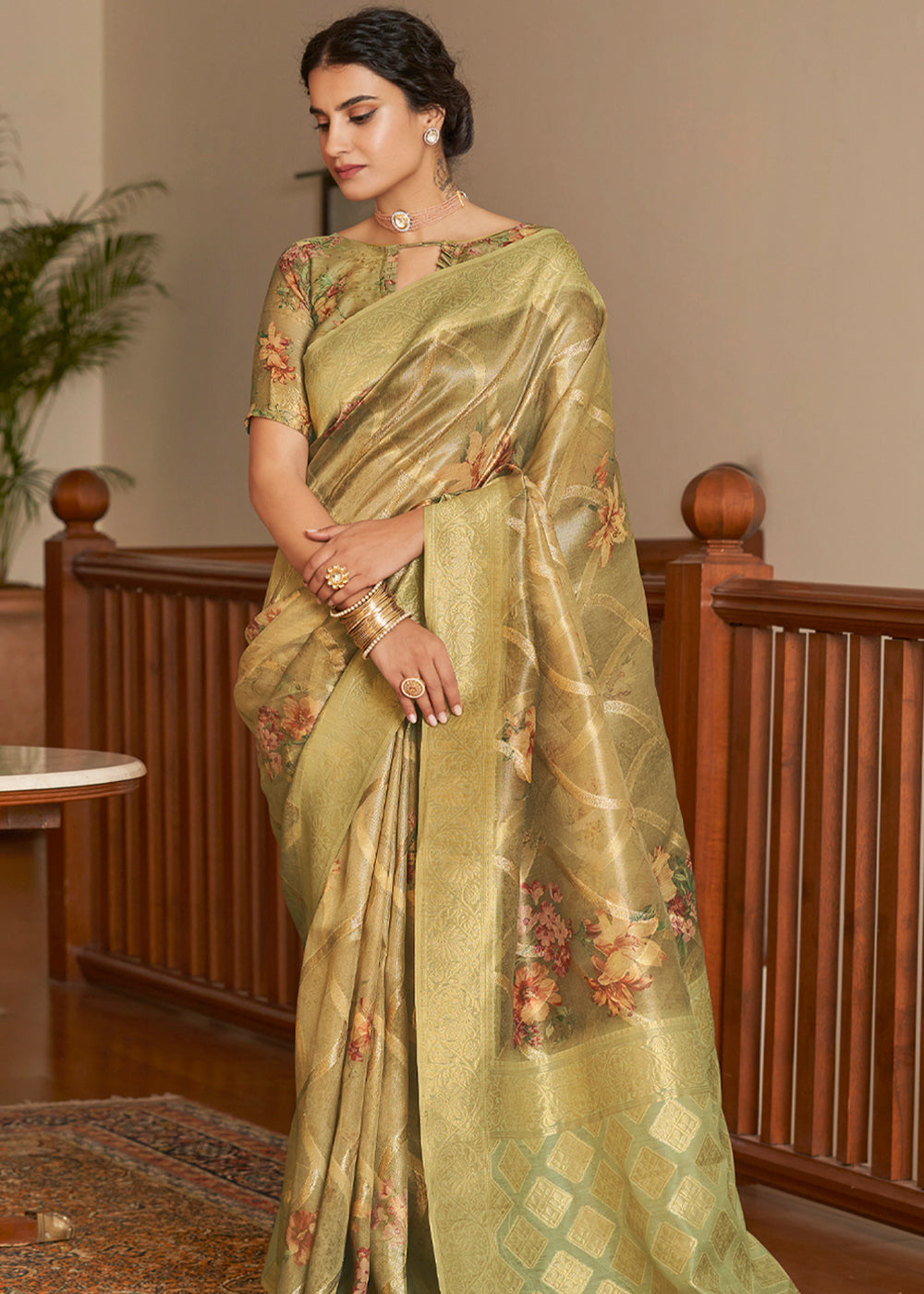 Muddy Waters Green Woven Banarasi Tissue Organza Silk Saree