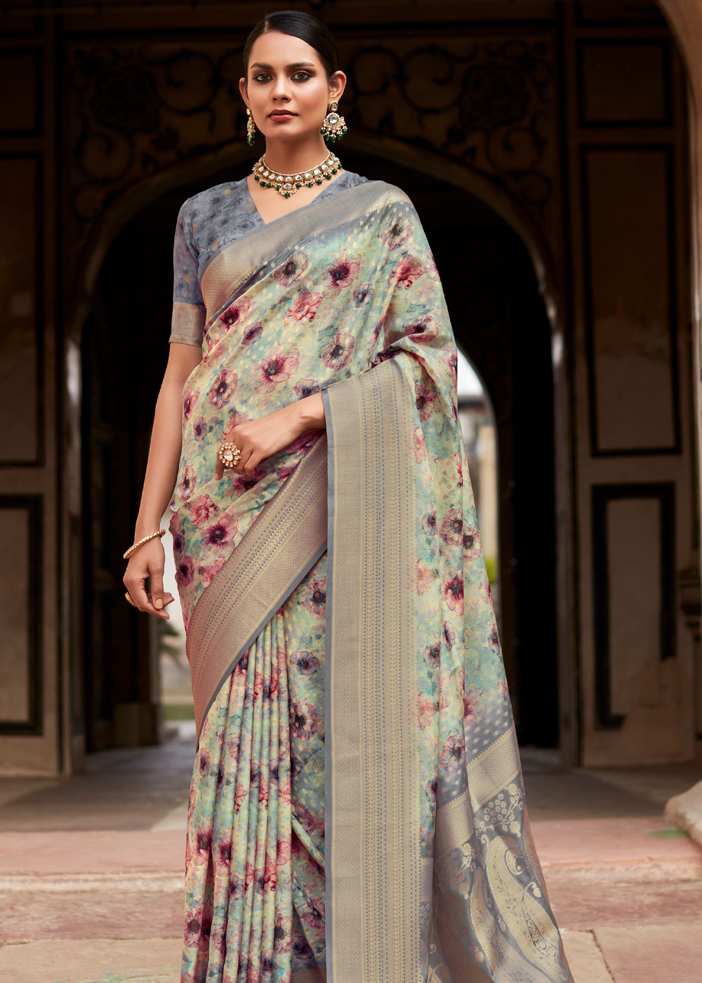 Martini Grey Banarasi Digital Printed Silk Saree