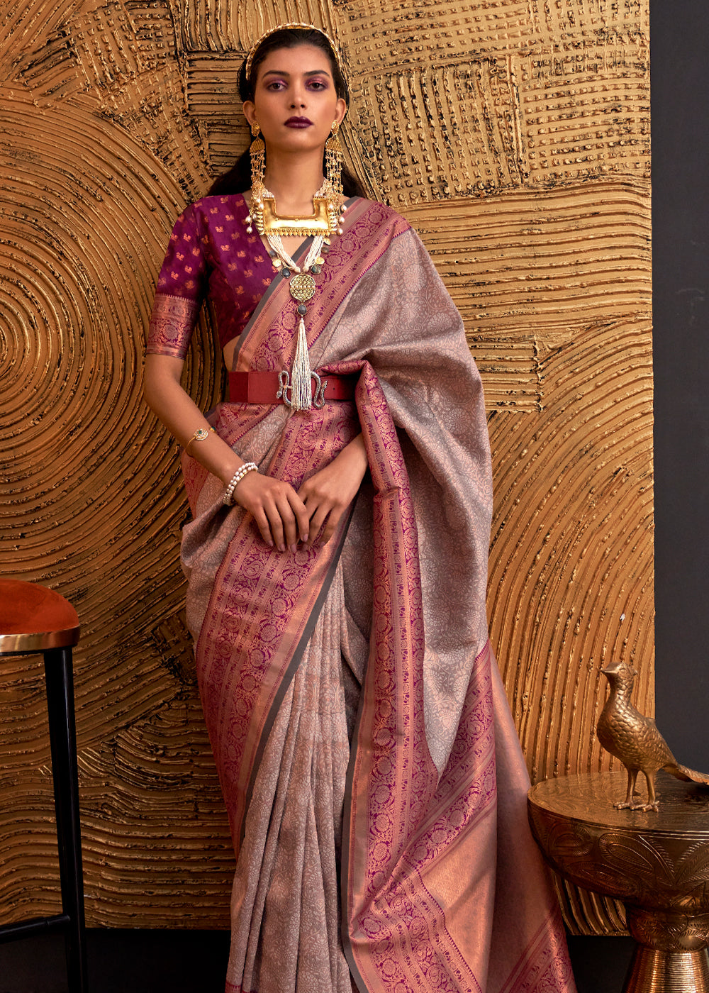 Almond Frost Brown Chaap Handloom kanjivaram silk Saree