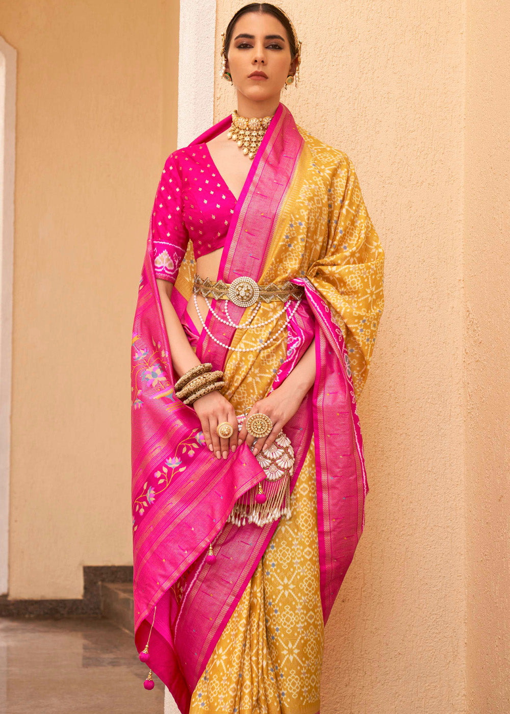 Sunglow Yellow and Pink Printed Patola Soft Silk Saree