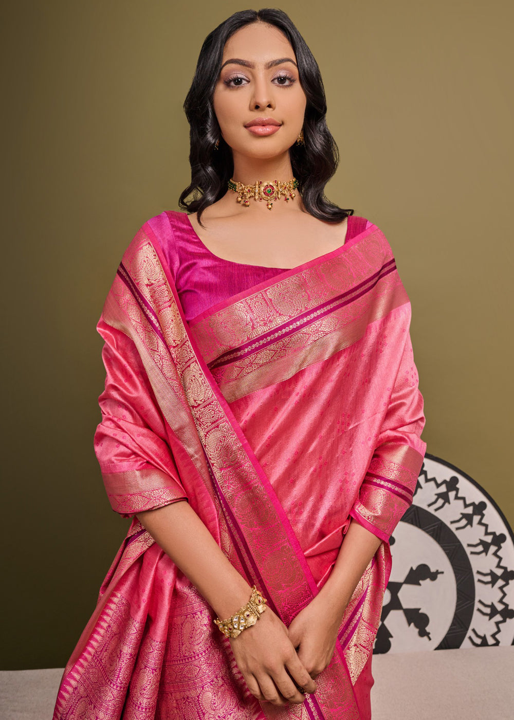 Wild Watermelon Pink Woven Banarasi Soft Silk Saree