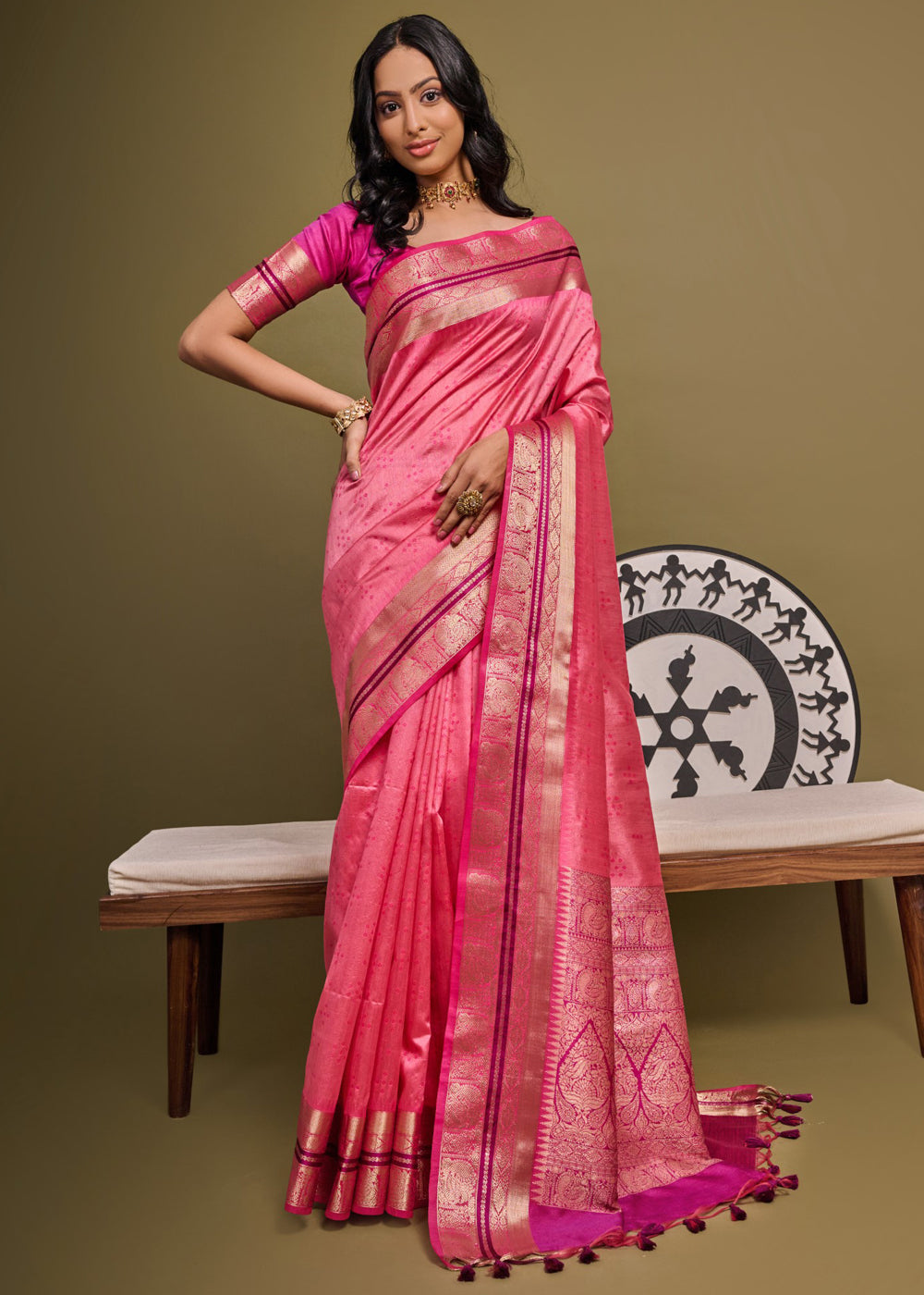 Wild Watermelon Pink Woven Banarasi Soft Silk Saree