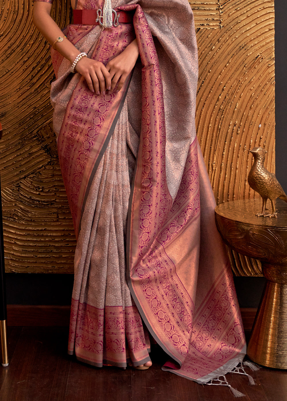 Almond Frost Brown Chaap Handloom kanjivaram silk Saree