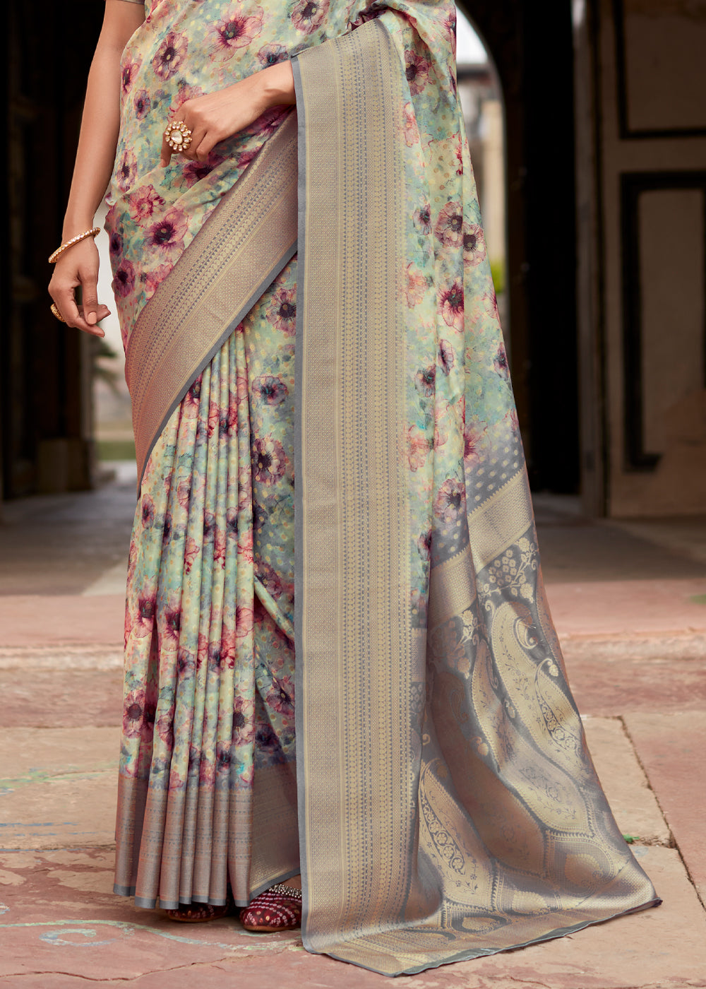 Martini Grey Banarasi Digital Printed Silk Saree