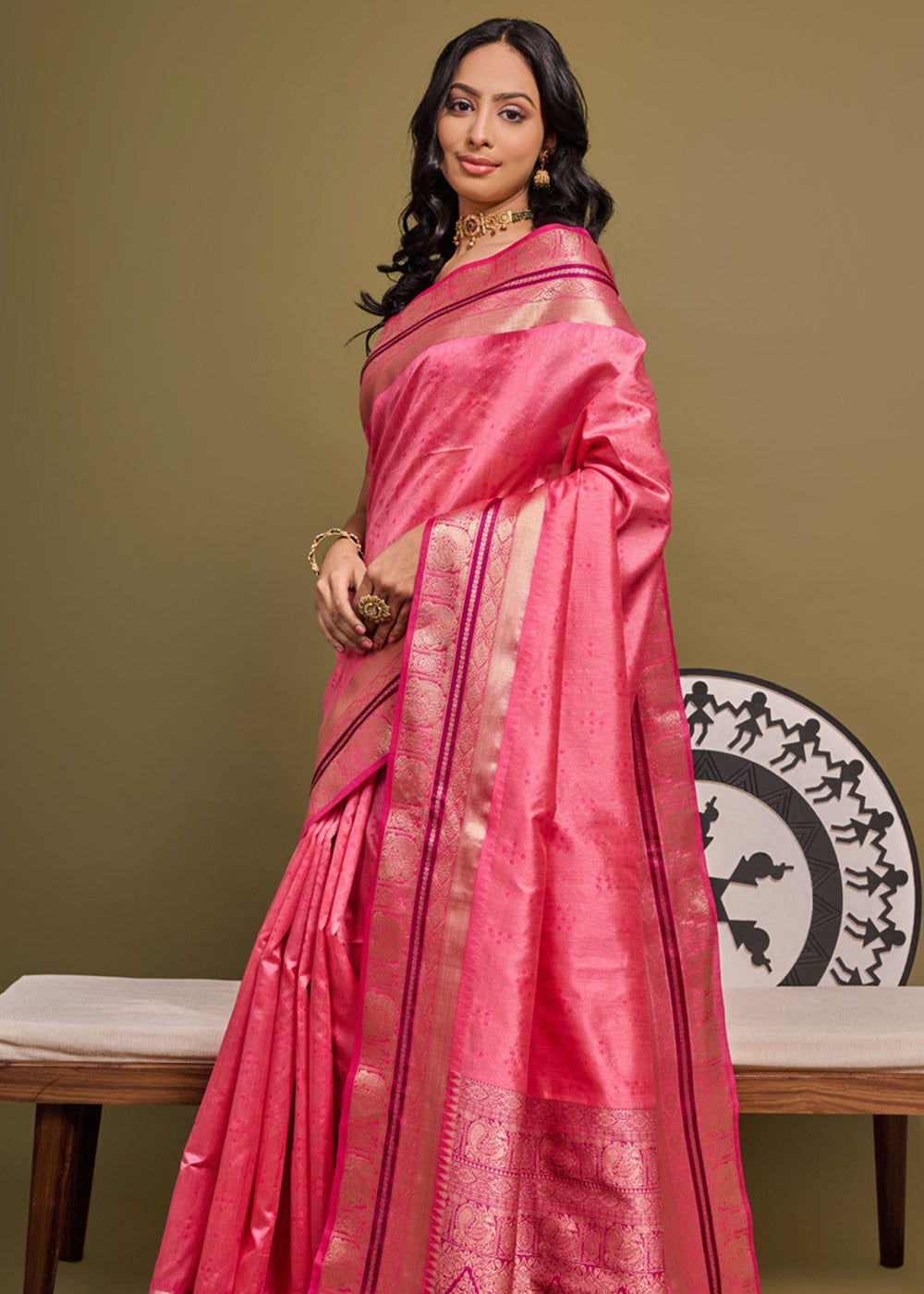 Wild Watermelon Pink Woven Banarasi Soft Silk Saree