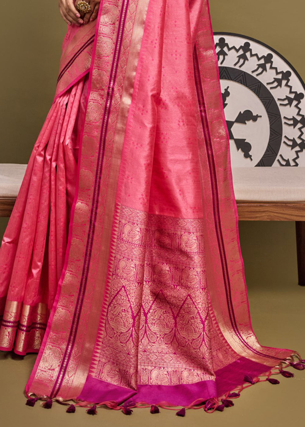 Wild Watermelon Pink Woven Banarasi Soft Silk Saree