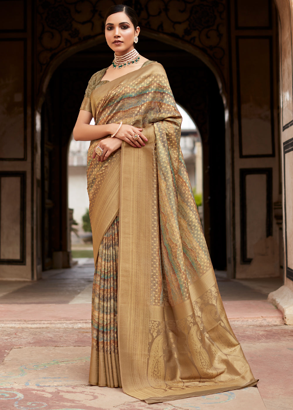 Tan Brown Banarasi Digital Printed Silk Saree