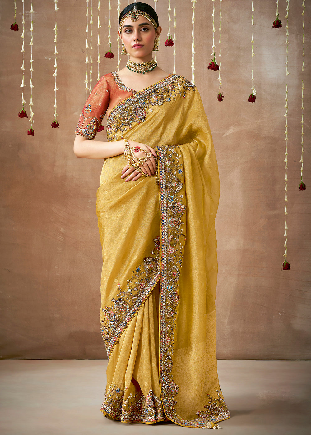 Medallion Yellow  Zari Woven Embroidery Designer Tissue Dola Silk Saree