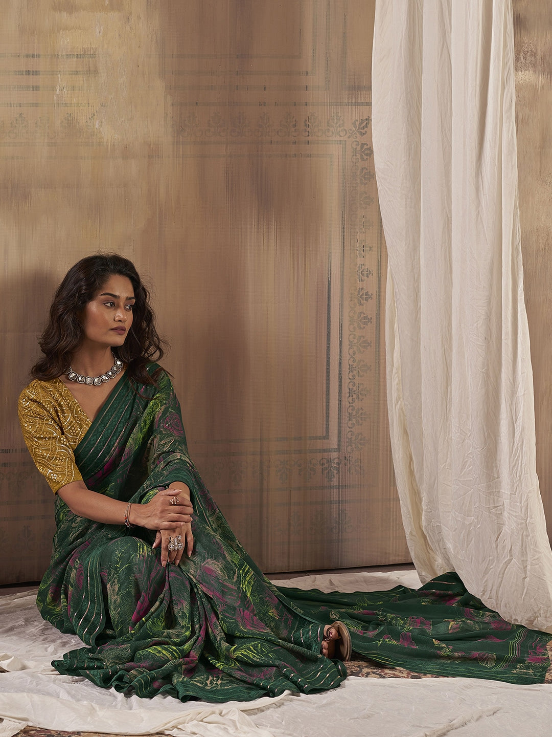 Woodland Green Georgette Chiffon Saree With Embroidery Blouse