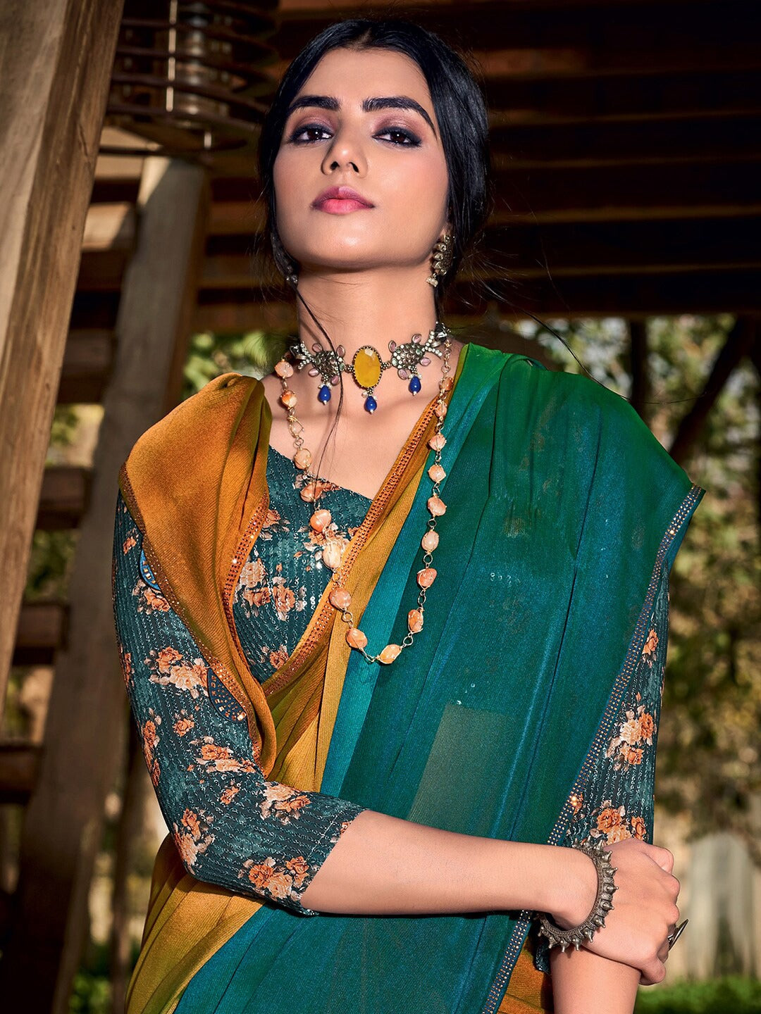 Raw Sienna Yellow and Green Chiffon Saree With Printed Blouse