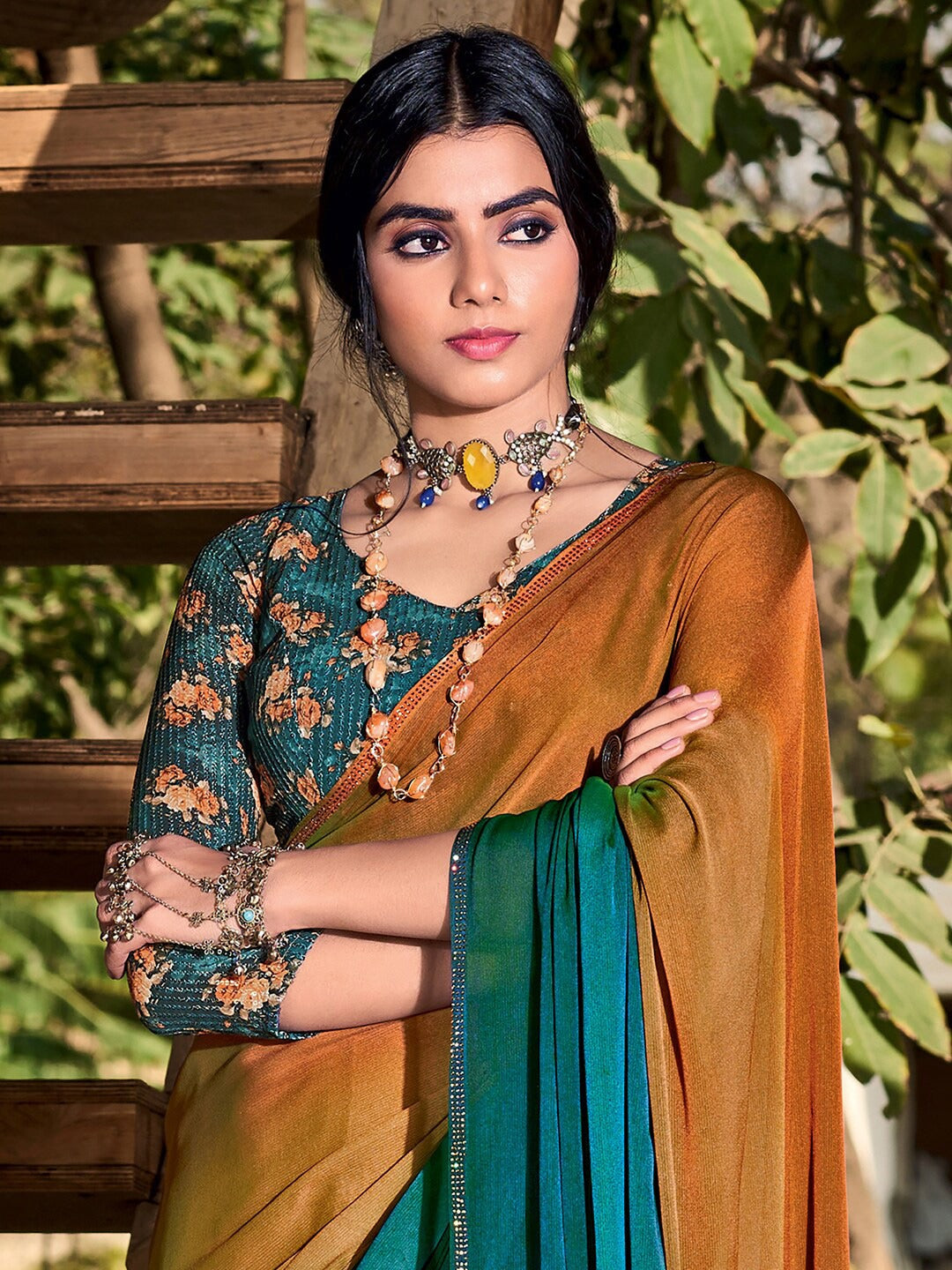 Raw Sienna Yellow and Green Chiffon Saree With Printed Blouse