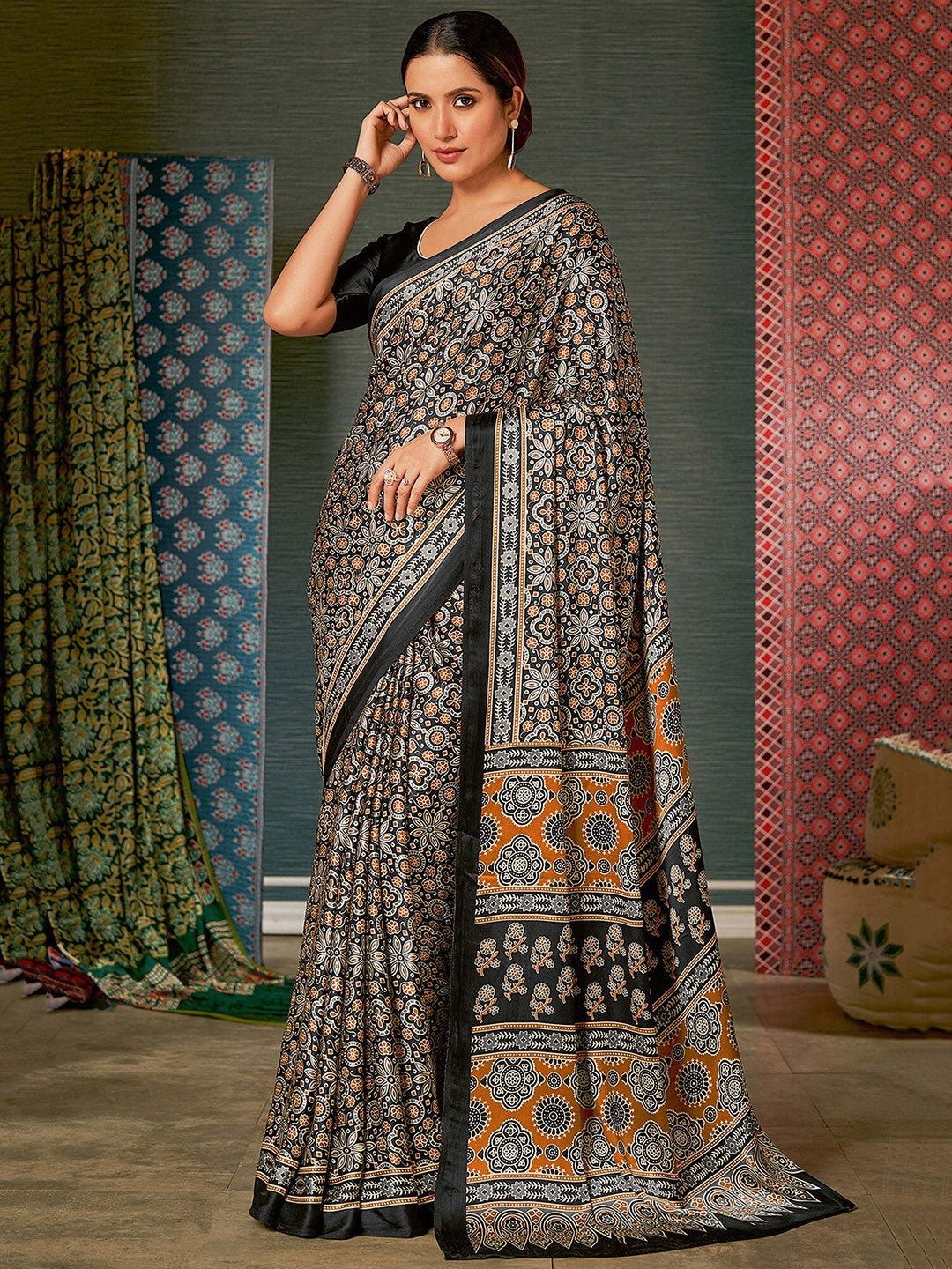 Tuna Black Digital Printed Ajrakh Satin Crepe Saree