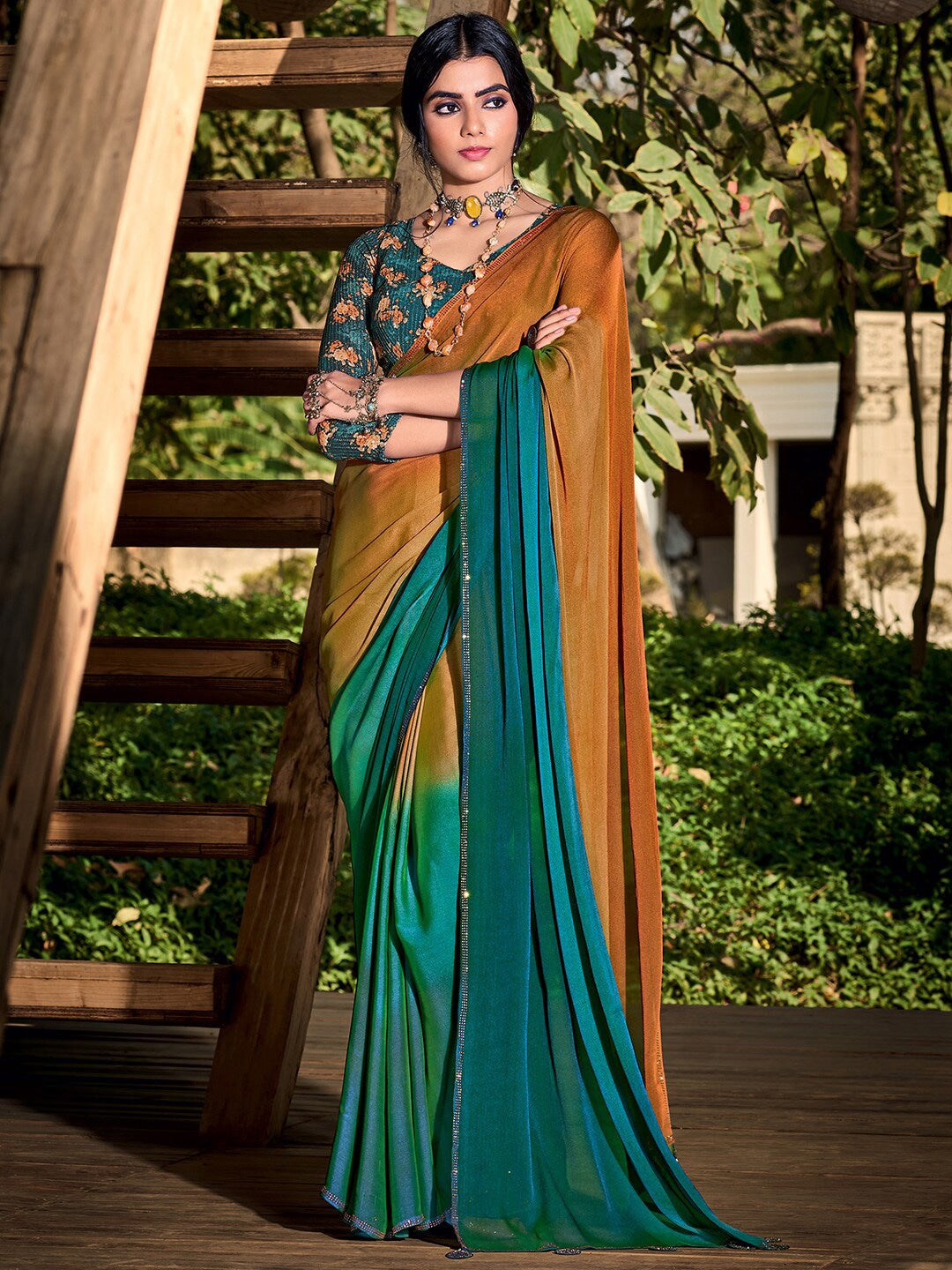 Raw Sienna Yellow and Green Chiffon Saree With Printed Blouse