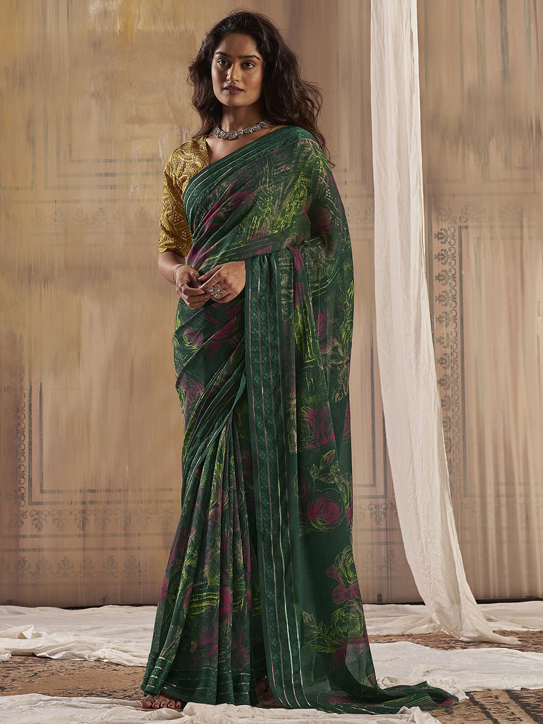 Woodland Green Georgette Chiffon Saree With Embroidery Blouse