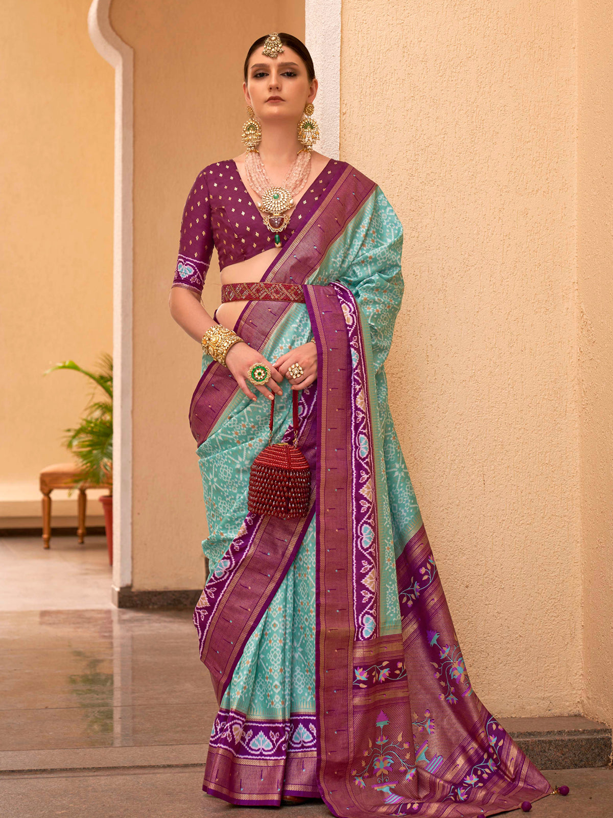 Oxley Green and Purple Printed Patola Soft Silk Saree