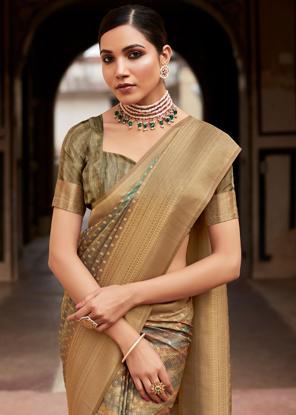 Tan Brown Banarasi Digital Printed Silk Saree