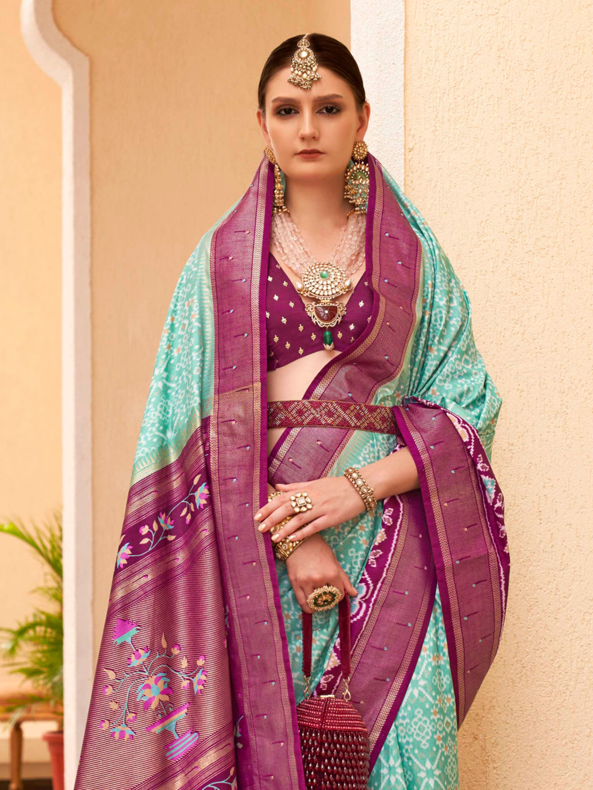 Oxley Green and Purple Printed Patola Soft Silk Saree