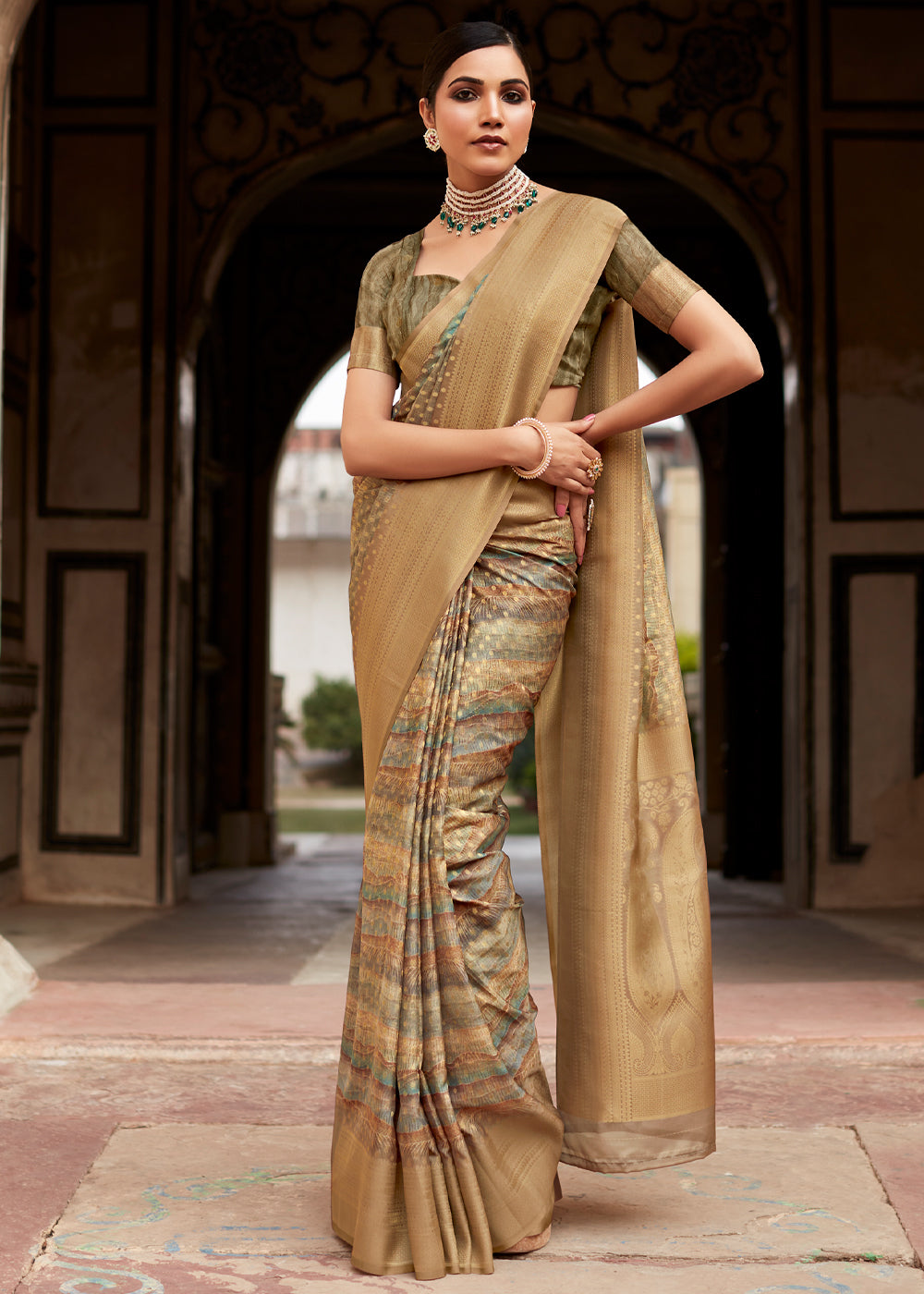 Tan Brown Banarasi Digital Printed Silk Saree