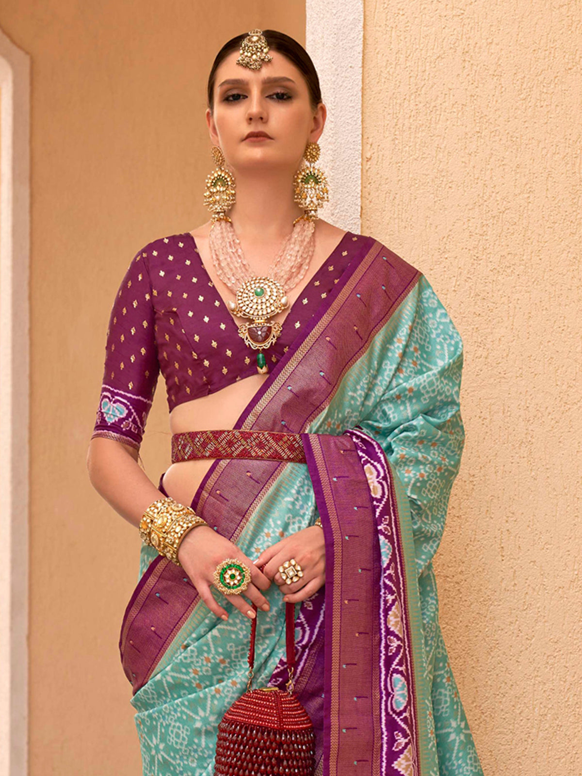 Oxley Green and Purple Printed Patola Soft Silk Saree