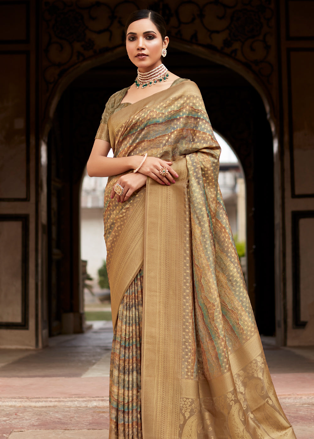 Tan Brown Banarasi Digital Printed Silk Saree