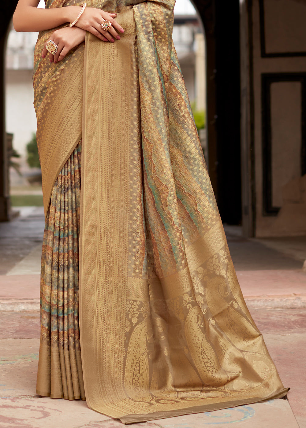 Tan Brown Banarasi Digital Printed Silk Saree