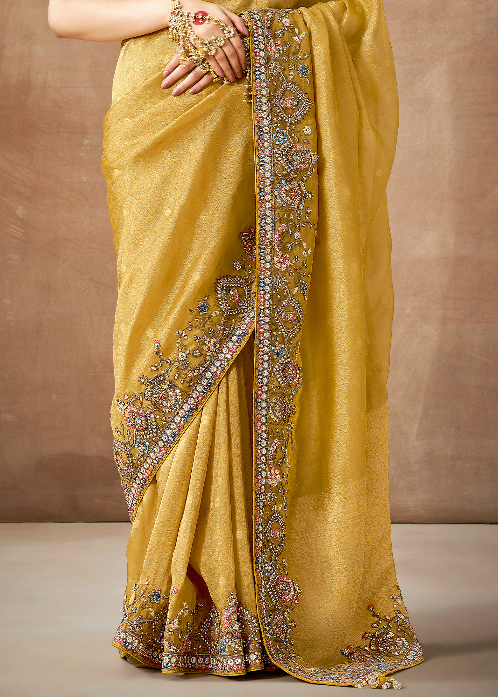 Medallion Yellow  Zari Woven Embroidery Designer Tissue Dola Silk Saree