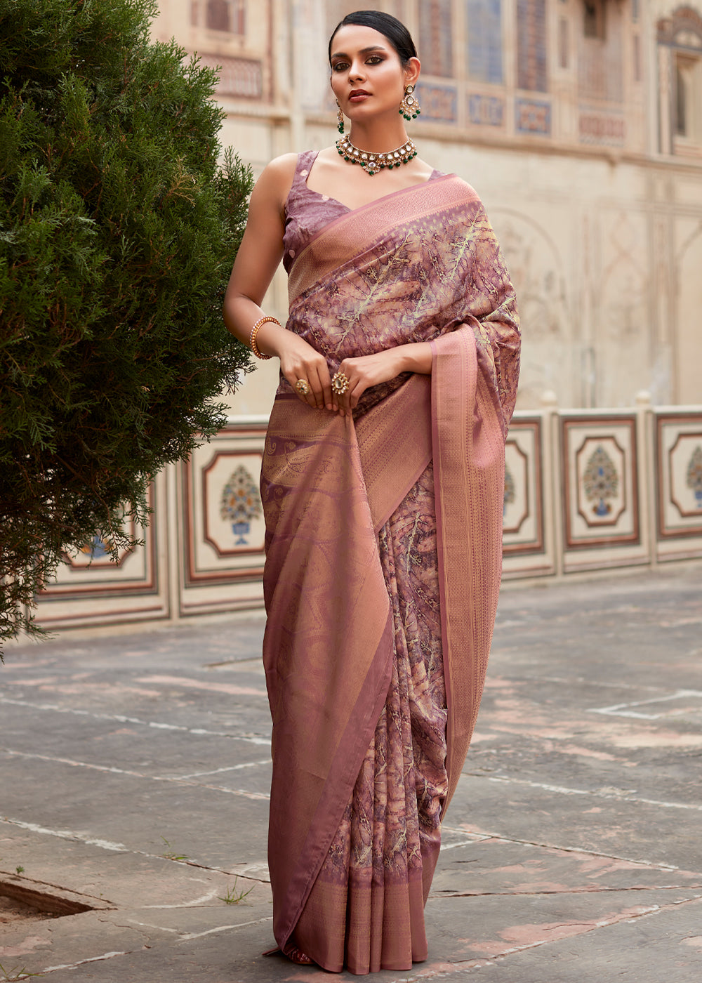 Spicy Mix Purple Banarasi Digital Printed Silk Saree