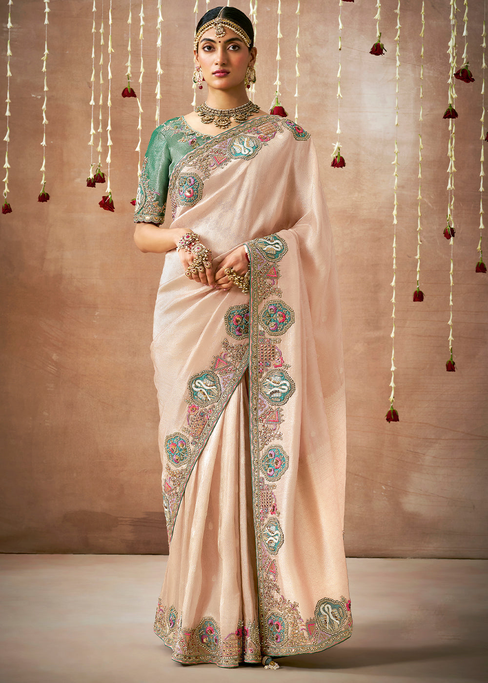 Sunset Peach  Zari Woven Embroidery Designer Tissue Dola Silk Saree