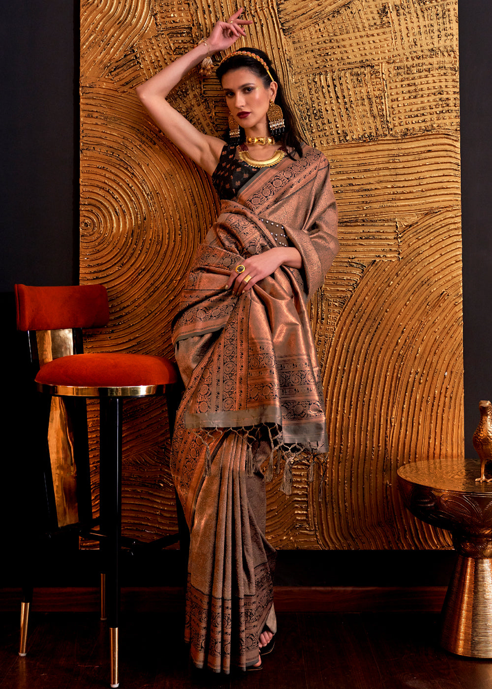 Spicy Mix Brown Chaap Handloom kanjivaram silk Saree