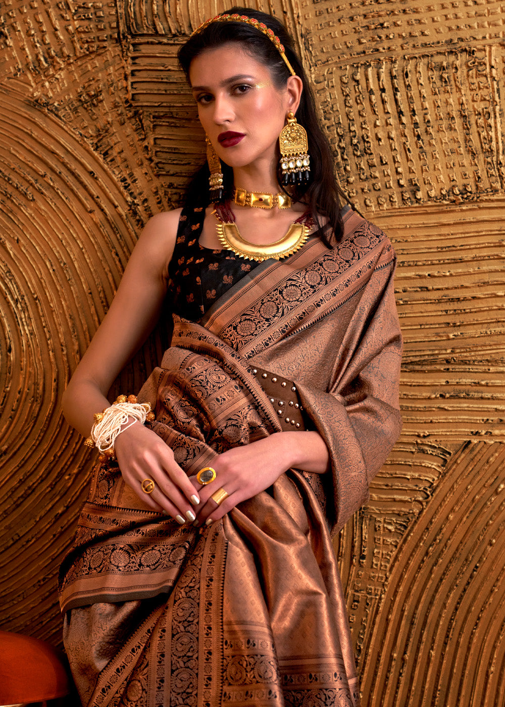 Spicy Mix Brown Chaap Handloom kanjivaram silk Saree