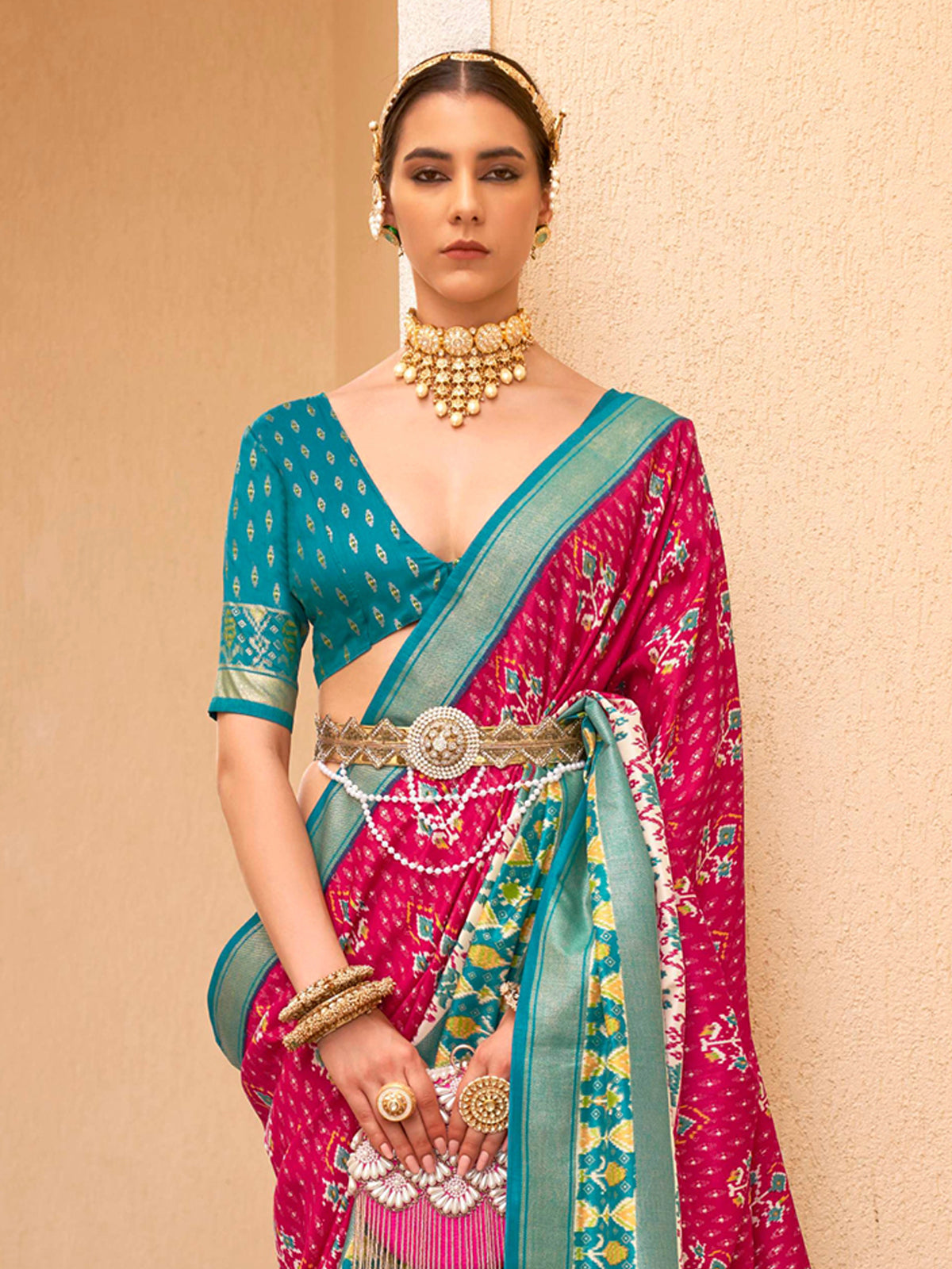 French Rose Pink and Blue Printed Patola Soft Silk Saree