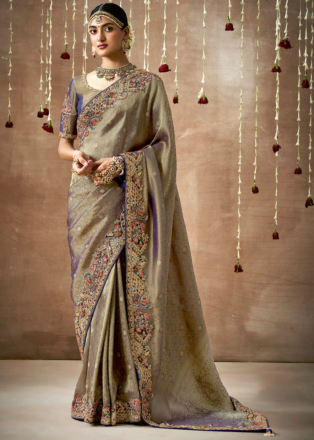 Ash Grey and Purple  Zari Woven Embroidery Designer Tissue Dola Silk Saree