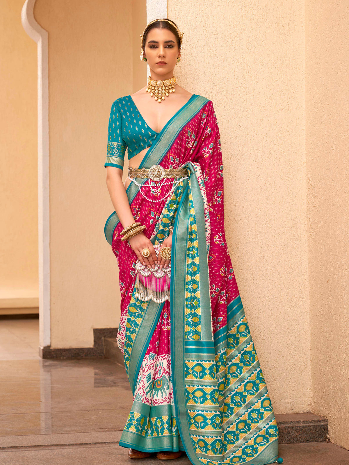 French Rose Pink and Blue Printed Patola Soft Silk Saree