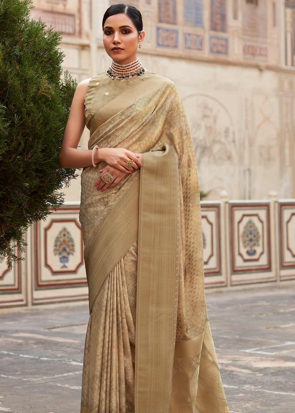 Twine Gold Banarasi Digital Printed Silk Saree