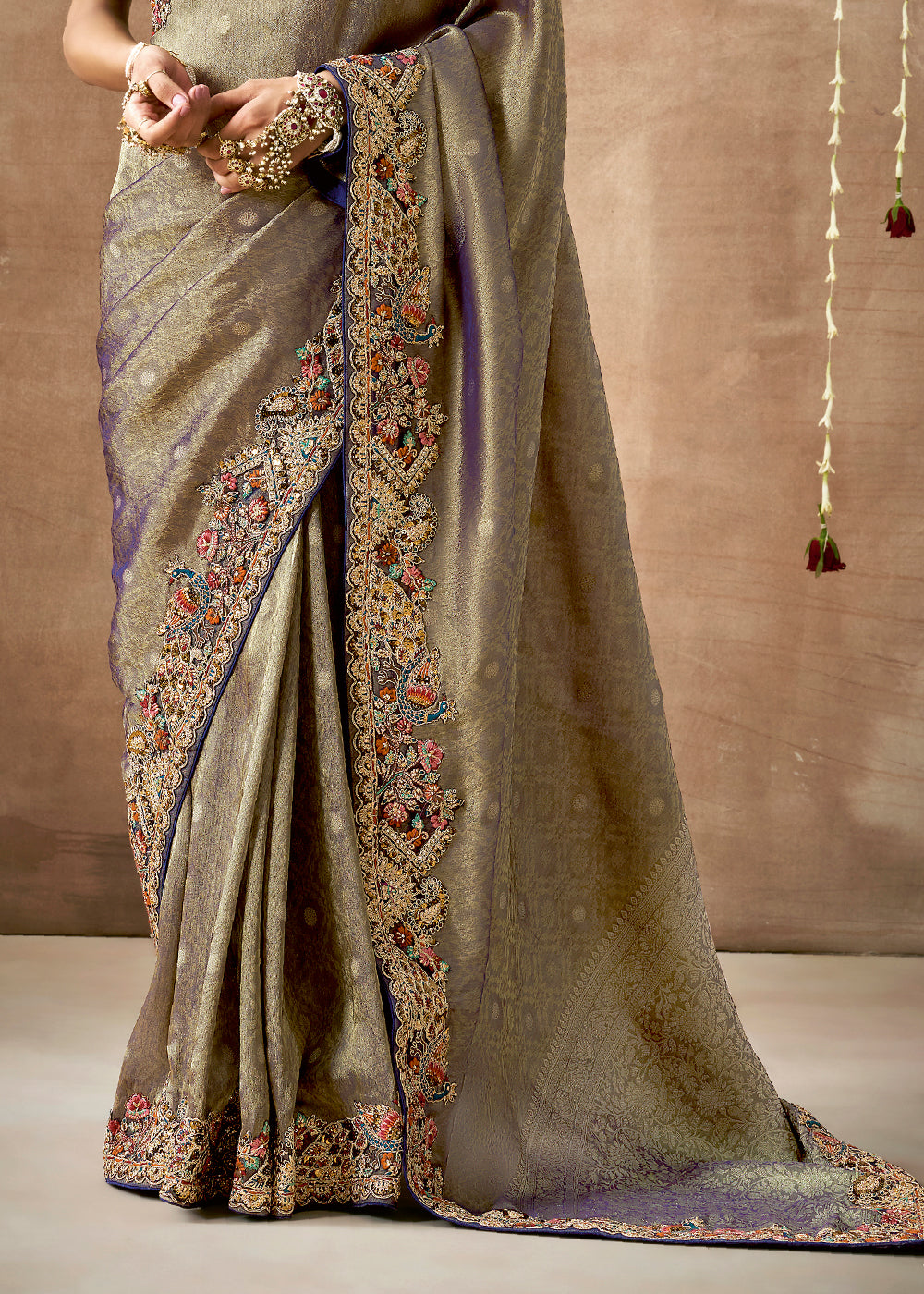 Ash Grey and Purple  Zari Woven Embroidery Designer Tissue Dola Silk Saree