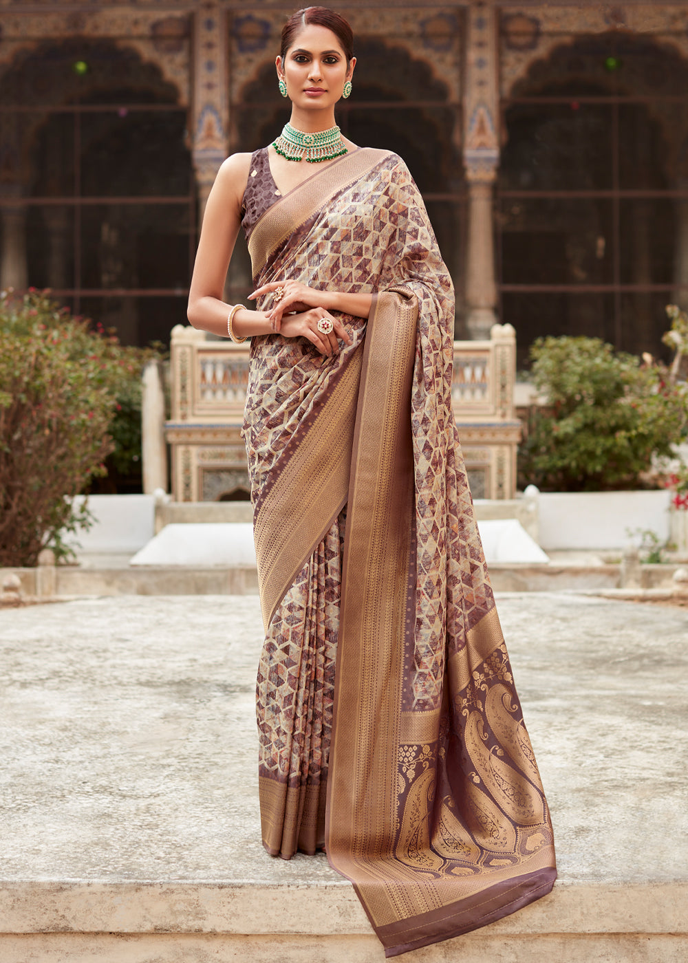 Potters Clay Brown Banarasi Digital Printed Silk Saree