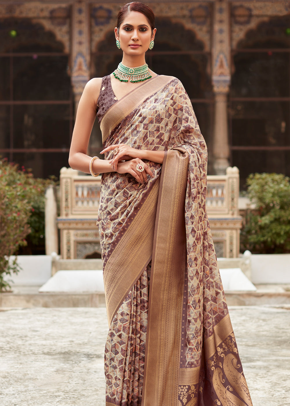 Potters Clay Brown Banarasi Digital Printed Silk Saree