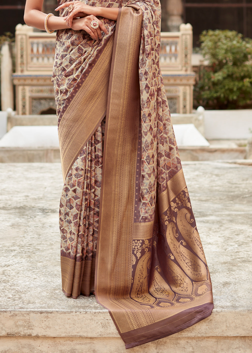 Potters Clay Brown Banarasi Digital Printed Silk Saree