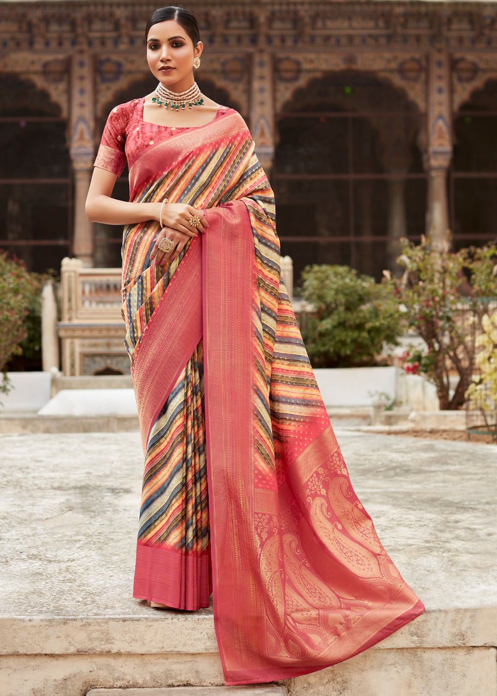 Multicolor Pink Banarasi Digital Printed Silk Saree