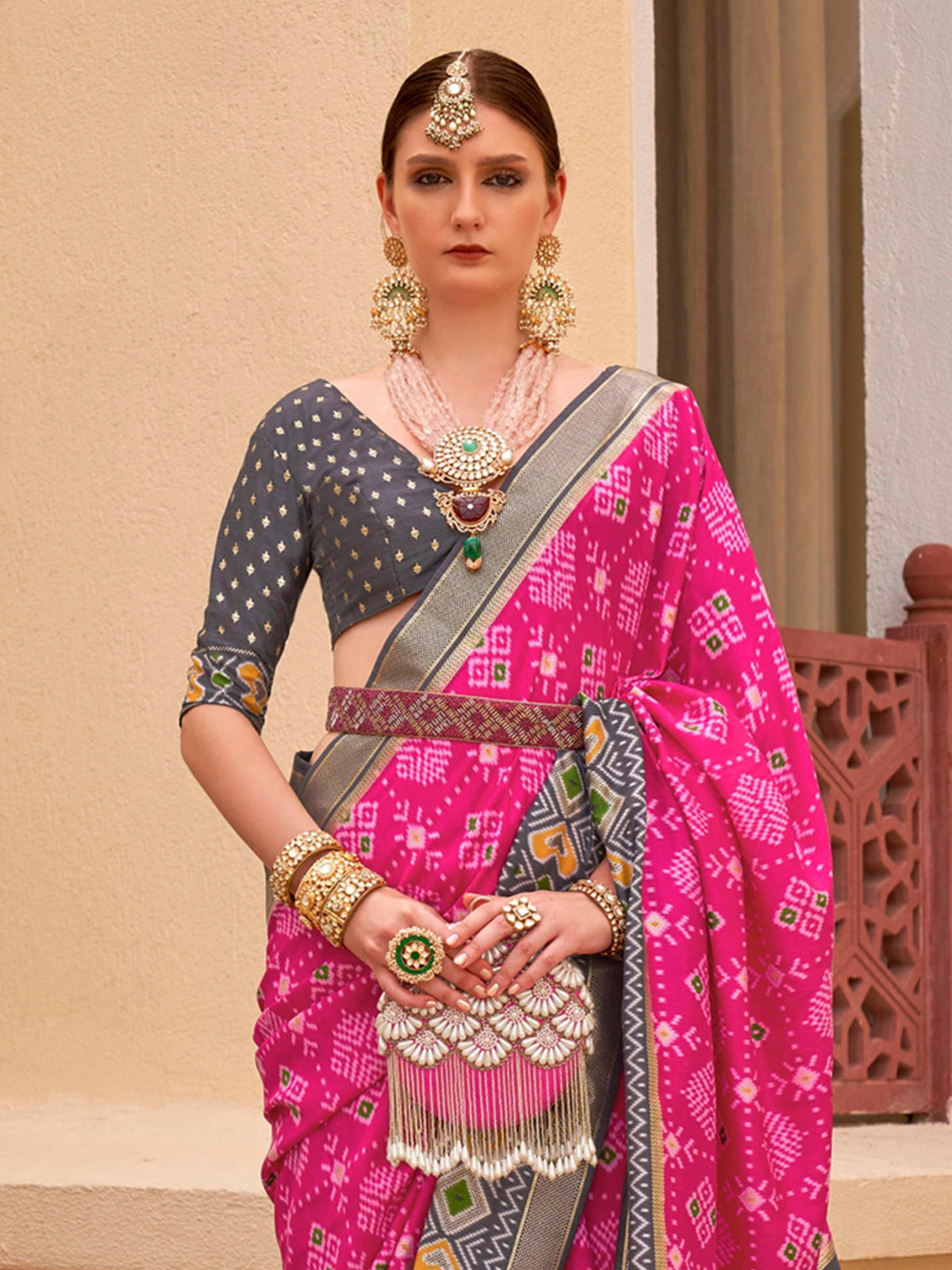 Magenta Pink and Blue Printed Patola Soft Silk Saree