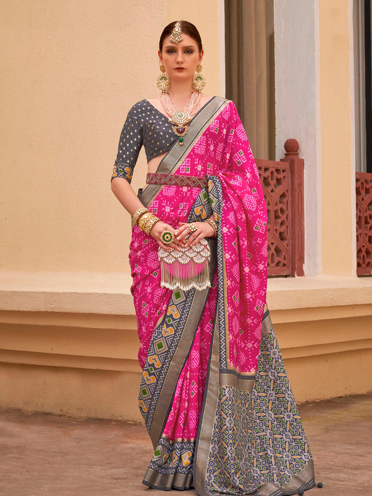 Magenta Pink and Blue Printed Patola Soft Silk Saree