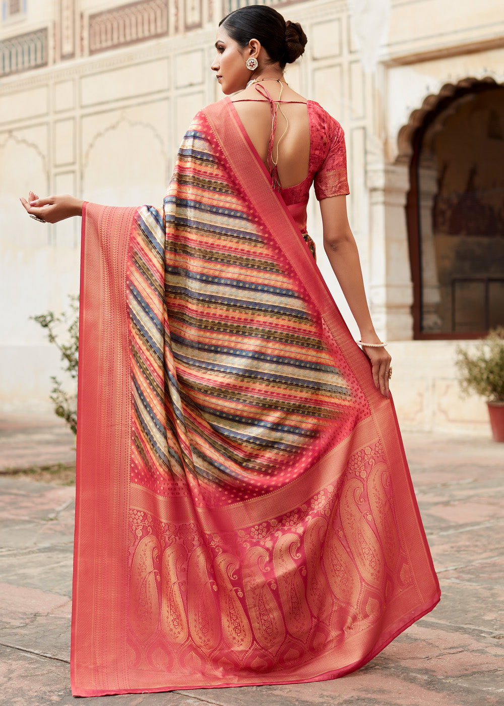 Multicolor Pink Banarasi Digital Printed Silk Saree