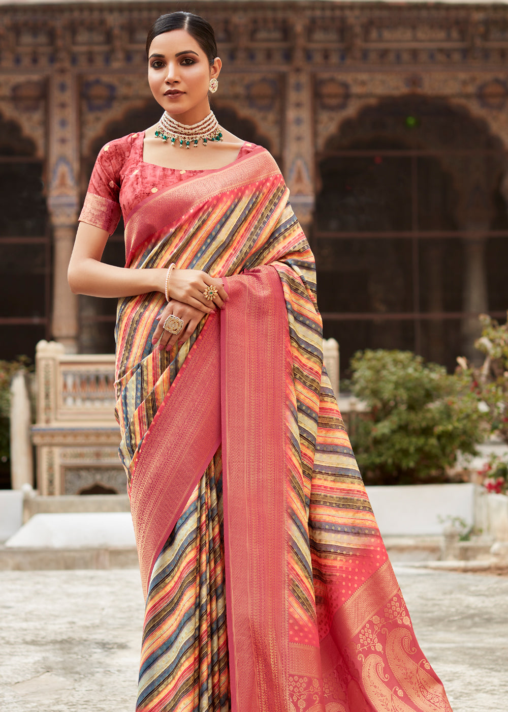 Multicolor Pink Banarasi Digital Printed Silk Saree